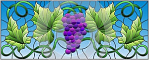 Stained glass illustration with a bunch of red grapes and leaves on sky background,horizontal orientation