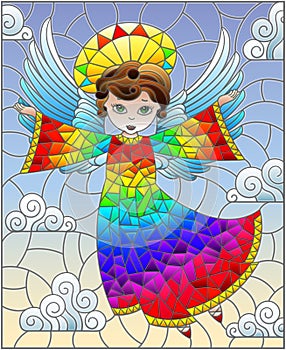 Stained glass illustration with cartoon rainbow angel against the cloudy sky