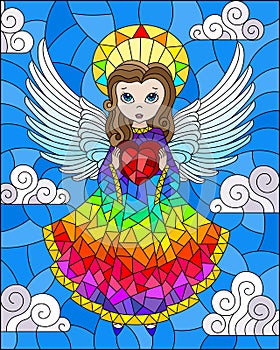 Stained glass illustration with cartoon rainbow angel with heart in hands against the cloudy sky