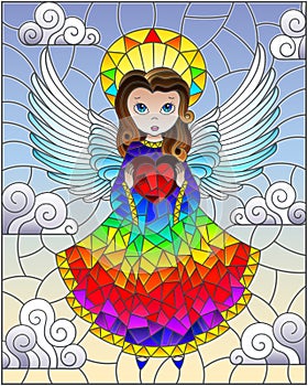 Stained glass illustration with cartoon rainbow angel with heart in hands against the cloudy sky