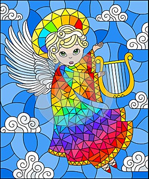 Stained glass illustration with cartoon rainbow angel playing the harp against the cloudy sky