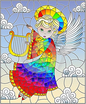 Stained glass illustration with cartoon rainbow angel playing the harp against the cloudy sky