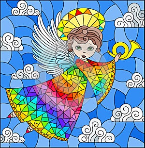 Stained glass illustration with cartoon rainbow angel playing the horn against the cloudy sky