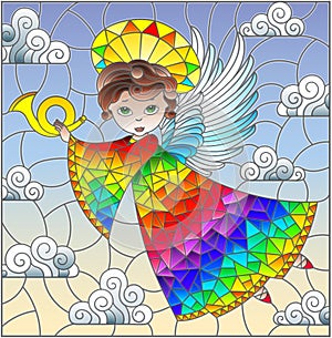 Stained glass illustration with cartoon rainbow angel playing the horn against the cloudy sky