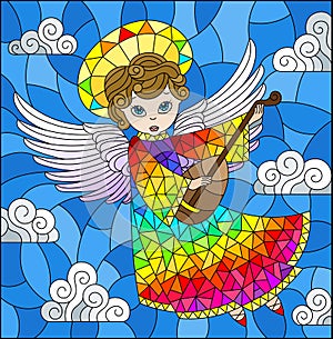 Stained glass illustration with cartoon rainbow angel playing the lute against the cloudy sky