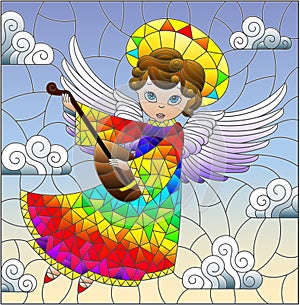 Stained glass illustration with cartoon rainbow angel playing the lute against the cloudy sky