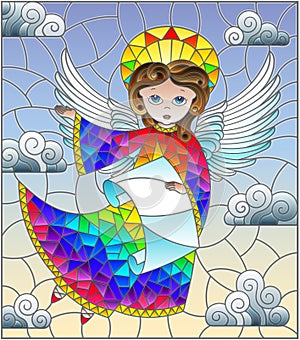 Stained glass illustration with cartoon rainbow angel with scroll in hands against the cloudy sky