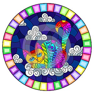 Illustration in the style of staine with cartoon rainbow cat on the background of night sky and clouds, oval image in bright frame