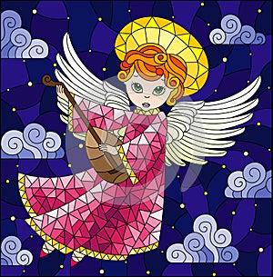 Stained glass illustration with cartoon red-haired angel in a pink dress  playing the lute against the cloudy sky with stars