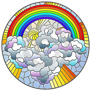 Stained glass illustration with  celestial landscape, sun and clouds on rainbow background, round image