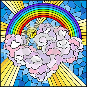 Stained glass illustration with celestial landscape, sun and clouds on rainbow background,square image