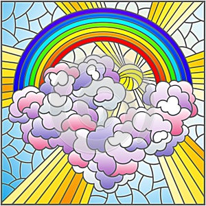 Stained glass illustration with celestial landscape, sun and clouds on rainbow background,square image