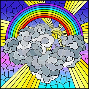 Stained glass illustration with  celestial landscape, sun and clouds on rainbow background,square image