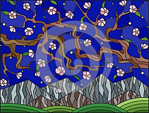 Stained glass illustration with the cherry blossoms