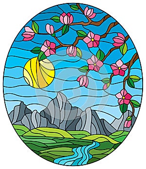 Stained glass illustration with  cherry blossoms on a background of mountains, sky , sun  and river, oval image