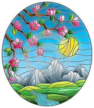 Stained glass illustration  with the cherry blossoms on a background of mountains, sky , sun  and river, oval image