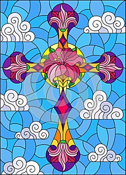 Stained glass illustration with  Christian cross decorated with  pink flowers on blue sky background with clouds