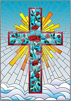 Stained glass illustration with Christian cross decorated with pink roses on the background of sky with clouds