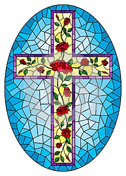 Stained glass illustration with  Christian cross decorated with red roses on blue background, oval image