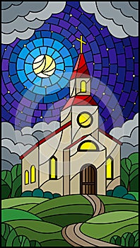 Stained glass illustration with Church on the background of night landscape, a Church on the background of the starry sky, moon a