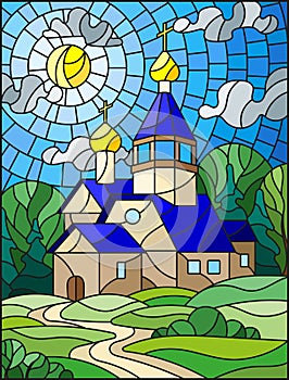 Stained glass illustration with Church on the background of summer landscape, a Church on the background of the Sunny sky and gre