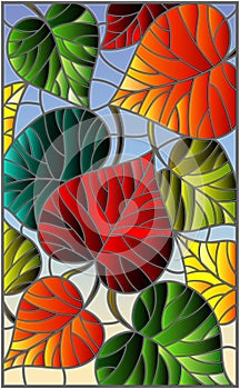 Stained glass illustration with colorful leaves trees on a blue background