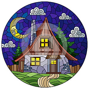 Stained glass illustration with a cozy rustic house on the background of fir trees, cloudy sky and moon, round image