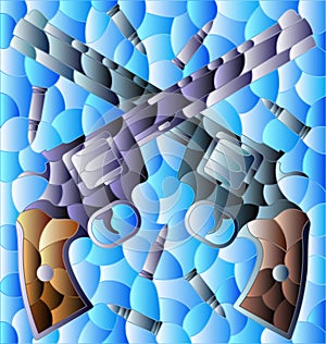 A stained glass illustration with crossed revolvers and bullets on a blue background