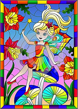 Stained glass illustration with cute cartoon fairy in a bright rainbow dress on the background of flowers ,  sky and mushrooms, in