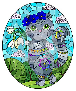 Stained glass illustration with  a cute cartoon grey cat with a bouquet on the background of a spring landscape, oval image