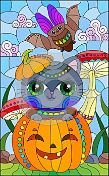Stained glass illustration with a cute kitten in a pumpkin and a bat