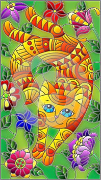 Stained glass illustration with  a   cute red cat on a background of meadows and bright flowers