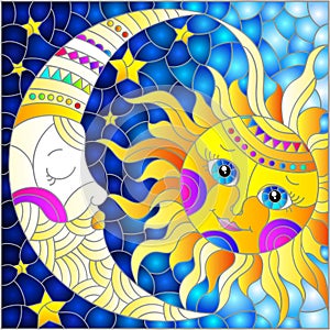 Stained glass illustration with a cute sun and moon on a blue sky background, rectangular image