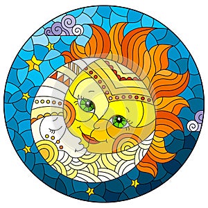 Stained glass illustration with a cute sun and moon on a blue sky background, round image