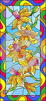 Stained glass illustration with daffodils on blue background,vertical orientation