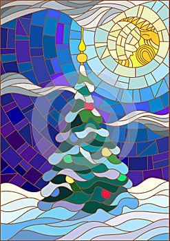 Stained glass illustration decorated Christmas tree on the background of snow and night sky with the moon