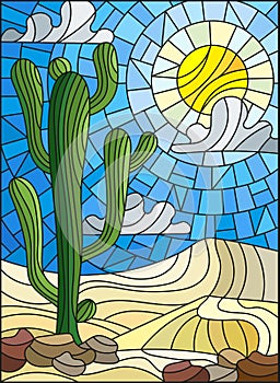 Stained glass illustration with desert landscape, cactus in a lbackground of dunes, sky and sun