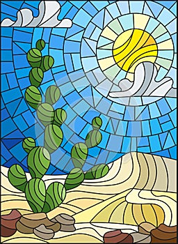 Stained glass illustration with desert landscape, cactus in a lbackground of dunes, sky and sun