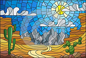 Stained glass illustration with desert landscape, cactus in a lbackground of dunes, sky and sun