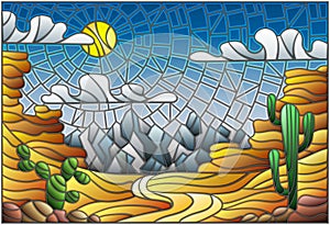 Stained glass illustration with desert landscape, cactus in a lbackground of dunes, sky and sun