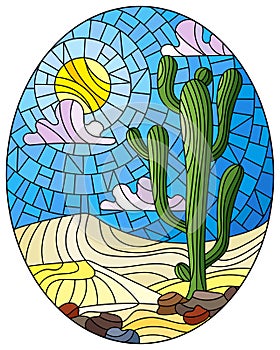 Stained glass illustration with desert landscape, cactus in a lbackground of dunes, sky and sun, oval image