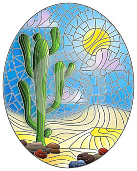 Stained glass illustration with desert landscape, cactus in a lbackground of dunes, sky and sun, oval image