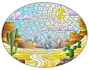 Stained glass illustration with desert landscape, cactus in a lbackground of dunes, sky and sun, oval image