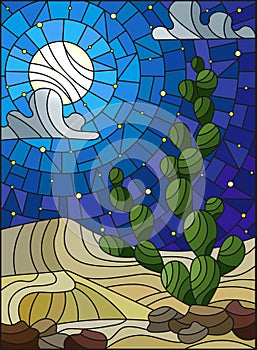 Stained glass illustration with desert landscape, cactus in a lbackground of dunes, starry sky and moon