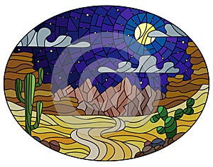 Stained glass illustration with desert landscape, cactus in a lbackground of dunes, starry sky and moon, oval image