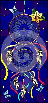 Stained glass illustration with dream catcher and moths on a starry night sky background