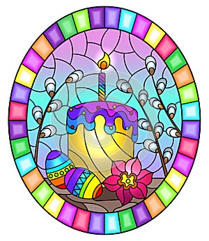 Stained glass illustration with an Easter still life , cake and Easter eggs on the background of willow branches and the sky, oval