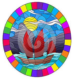 Stained glass illustration with  the Eastern ship with red sails on the background of sky, sun and rocky shores