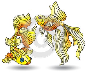Stained glass illustration with  elements with aquarium fish , goldfishes isolated on white background