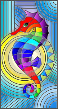 Stained glass illustration with fabulous abstract fish seahorse, rainbow fish on blue background